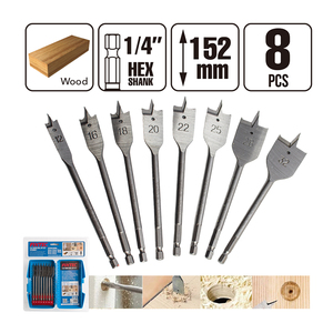 ชุดดอกสว่านเจาะไม้ FIXTEC 8 ชิ้น ขนาด 1/4 นิ้ว หัวแบน สำหรับไม้ขนาด 12/16/18/20/22/25/28/32 มม. รุ่น FAFWB081 ดอกสว่านเจาะโลหะ FAF - Product Image 5