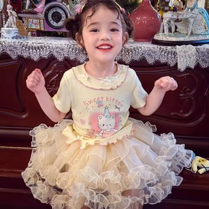 Girls Pink Cartoon Print Short Sleeve Dress Breathable Summer Style With Tutu Skirt - Product Image 2