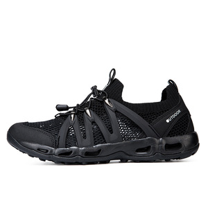 Men's All Black Quick-Dry Breathable Mesh Water Shoes, Non-Slip Rubber Sole, <b>Elastic</b> <b>Lacing</b> Outdoor Hiking Wading Sneakers - Product Image 5