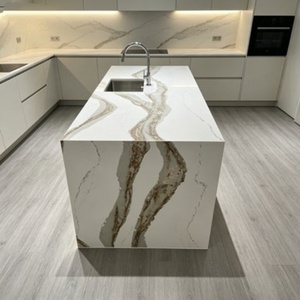 Îlot de cuisine personnalisé en quartz blanc <span class=keywords><strong>avec</strong></span> évier et tiroirs intégrés, bord cascade, design de meuble moderne OEM, grand espace de rangement - Product Image 2