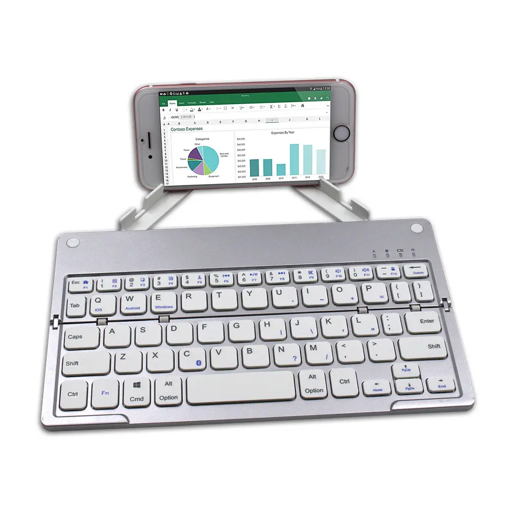 لوحة مفاتيح صغيرة عالمية رفيعة قابلة للطي بطيتين مع حامل للهاتف المحمول
