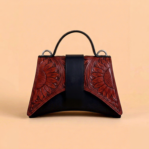 Bolso de Hombro de Cuero Tallado de Lujo para Mujer, Forma de Media Luna, Diseño de Girasol en Relieve, Cierre de Hebilla en Color Contrastante, 2-2.9L, Grande - Product Image 1