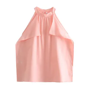 Pink color sleeveless hot sale casual fashion halter tops shirts for women