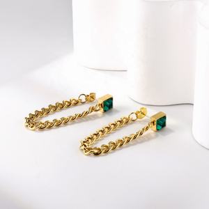 Pendientes de Cadena Cubana con Circonita Verde Cuadrada y Diamantes de Imitación, Chapados en Oro de 18k, de Acero Inoxidable, para Mujer, Venta al por Mayor - Product Image 4