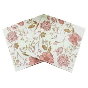 Serviettes en papier jetables 13x13 (6,5x6,5 po pliées) 2 plis motif floral vintage fabriquées au Cambodge pour fêtes et cocktails - Product Image 2
