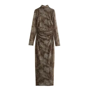 Stand collar long sleeve stylish design fashion animal printed women's casual mesh long dresses