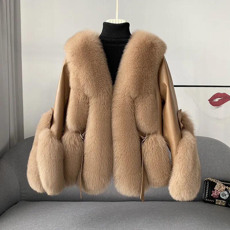 2022 winter ladies real fox fur jacket genuine sheep leather coat with fox fur female fashionable fur jackets