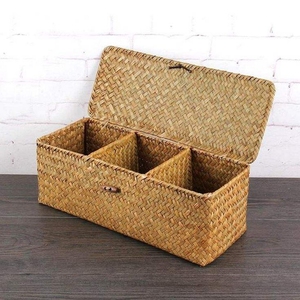High Quality Pure Water Hyacinth Three Compartment Storage <b>Basket</b> With <b>Foldable</b> Lid Custom Logo Vietnam Factory - Product Image 4