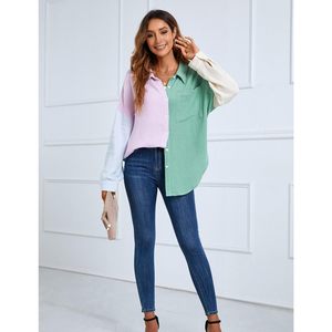Camisa de Mujer con Botones, Bloques de Color, Manga Larga, Informal, de Algodón y Fibra de Bambú, Popelina, para Uso Diario - Product Image 6