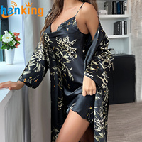 Pyjama Sexy pour femmes Robe ensemble soie comme Homewear col en V profond fronde Robe luxe imprimé fleuri peignoir 2 pièces maison vêtements Femme