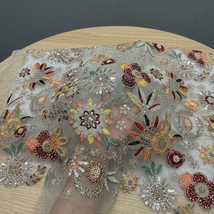 Tissu en dentelle florale perlée, maille brodée, filet décoratif à sequins, tissu uni tricoté enduit PA léger pour robes de garçons et de filles - Product Image 2