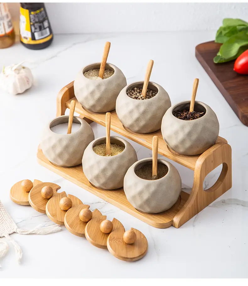 Gaya Jepang dapur putih wadah penyimpanan bumbu keramik Set toples bumbu grosir Set stoples penyimpanan bumbu