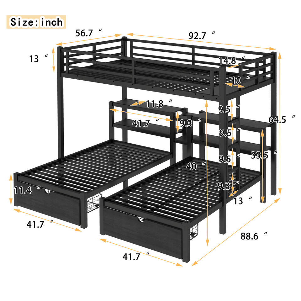 Full XL Over Twin and Twin Triple Bunk Bed with Drawers, Multi
