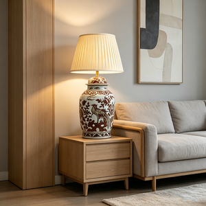 Lampada da Tavolo Tradizionale Asiatica Oversize 84cm, Corpo in Ceramica <span class=keywords><strong>Marrone</strong></span> con Fenice e Fiori, <span class=keywords><strong>Paralume</strong></span> Plissettato per Lobby e Hotel - Product Image 3