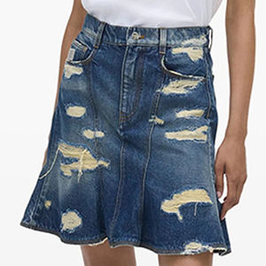 تنورة دينم زرقاء صغيرة مخصصة عالية الخصر غسلها ثقيلة رقعة دمرت ممزقة لطيف خمر ملابس الشارع للخريف الفتيات الساخنة - Product Image 4