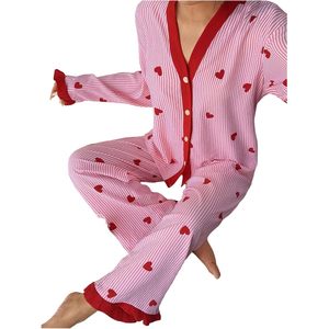 Ensemble de pyjama personnalisé pour femme à rayures et imprimé cœur, manches longues, vêtements de nuit doux, chemise boutonnée à col en V et pantalon, tenue décontractée - Product Image 3