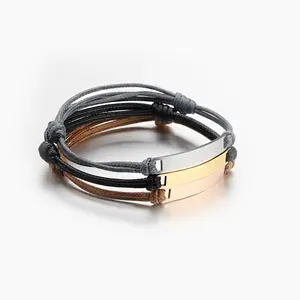 Couple men and women lettering titanium steel bent leather rope braided bracelet stainless steel wax rope adjustable