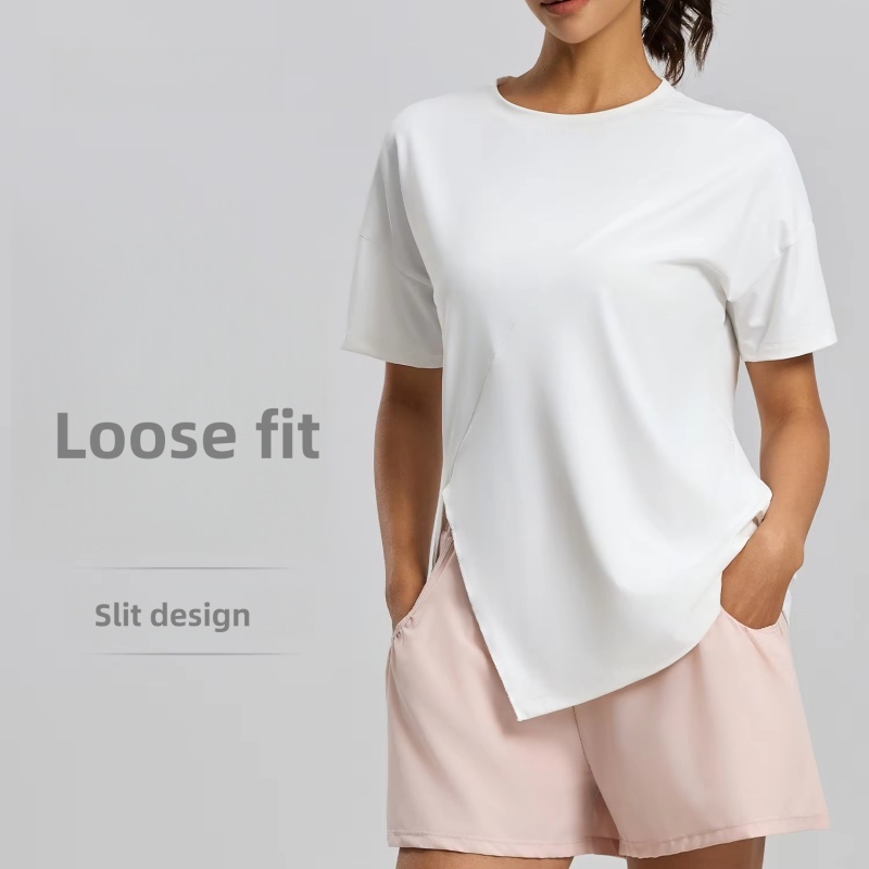 Breathable Spandex/Polyester Split Loose Yoga Running Sports Fitness Top Blouse Short Sleeve Summer Women