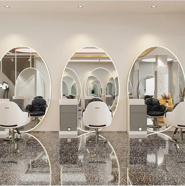2023 JIYOU haut de gamme salon de coiffure salon de coiffure miroir ovale spécial avec plancher de l'armoire simple et double face miroir de coiffure onglet