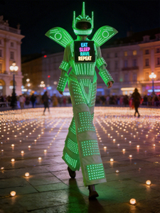 Disfraz de robot LED blanco con zancos, traje de robot LED, ropa con zancos LED, casco LED, conjunto con alas geniales - Product Image 1