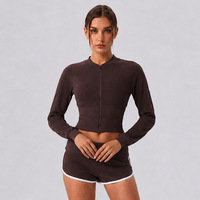 Veste de yoga zippée à col montant en Spandex/Nylon pour femme, manches longues, coupe courte ajustée, séchage rapide, pour la course et le fitness