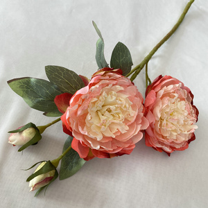 Haut de gamme mariage soie Orange pivoines réaliste fausse fleur brûlé bord pivoine 3 têtes - Product Image 6