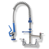 Robinet de cuisine commercial classique en acier inoxydable 304 avec tuyau intégré + laiton, pré-rinçage, 2 trous, pulvérisateur flexible de qualité alimentaire, mur, salle de bain