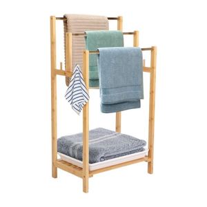 Porte-serviettes et étagère vintage autoportant en bambou et bois à 3 niveaux, pour piscine et salle de bain - Product Image 1