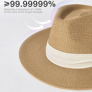 Mũ cói rộng vành kiểu Panama dành cho nữ và nam, mũ Fedora mùa hè đi biển chống nắng UPF - Product Image 3