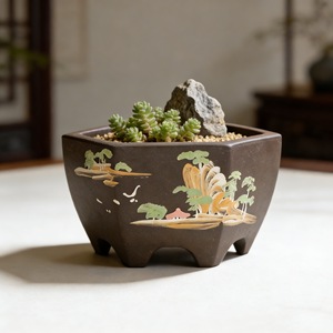 Pot de fleurs hexagonal en argile violette sculpté à la main avec trou de drainage, écologique et durable, pour la culture de plantes vertes en jardin et à la maison - Product Image 2