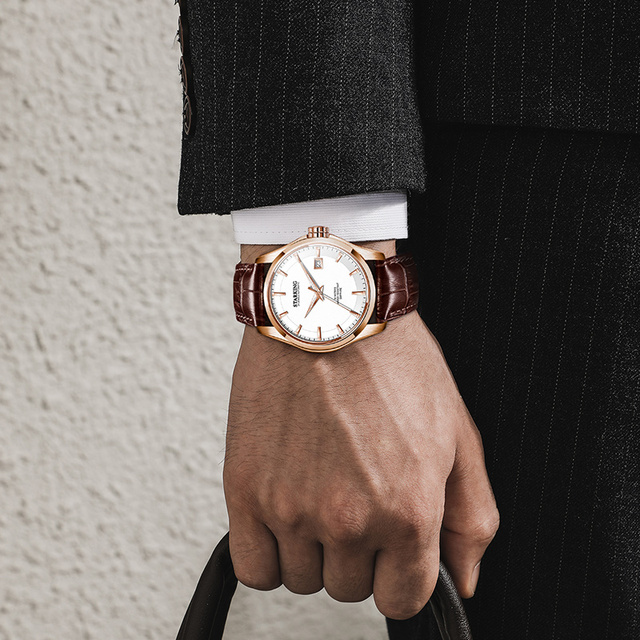 STARKING Stainless Steel Genuine Leather Strap 50m Water Resistant Pointer Men's Automatic Mechanical Watch