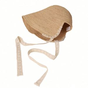 2025 New Arrival Women Summer <b>Sunscreen</b> Straw Sun Hat Hand Crochet Casual Outdoor Travel Raffia Bucket Hat with Lace Strings - Product Image 5