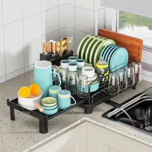 Large Dish Drying Rack With Drainboard Extendable Dish Rack Utensil Holder Expandable Dish Drainer For Kitchen Counter