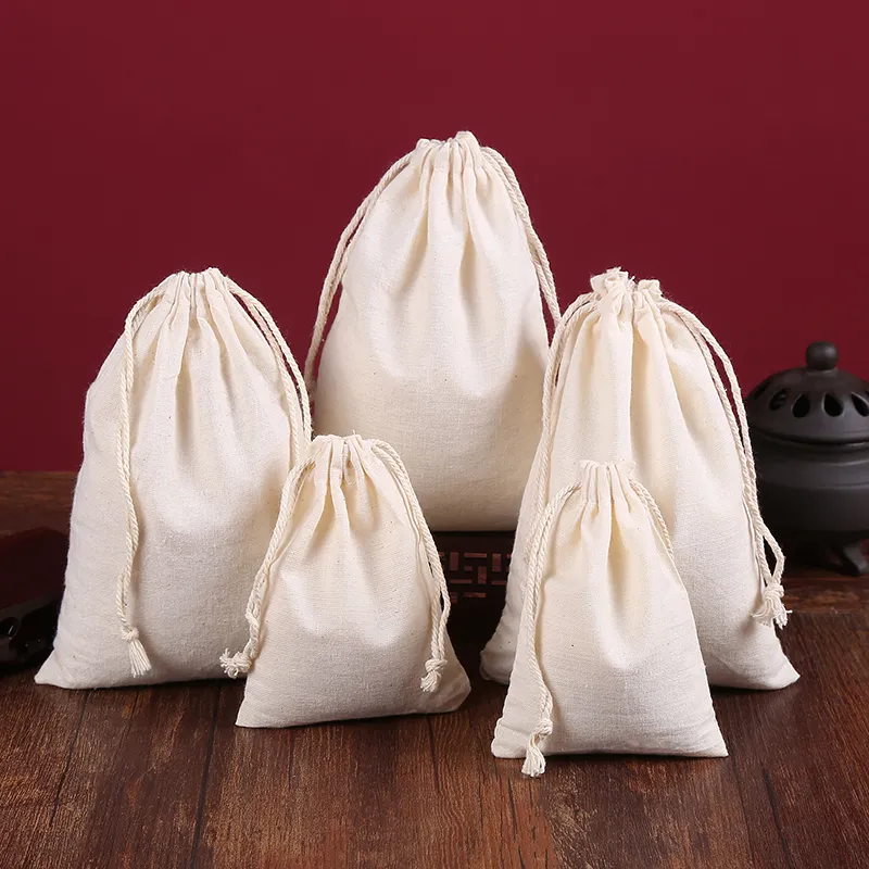 Bolsa de lona de algodón blanco de alta resistencia, bolsa de muselina Extra grande, reutilizable, para almacenamiento de comestibles, ropa de lavandería, con cordón, 15x20Cm
