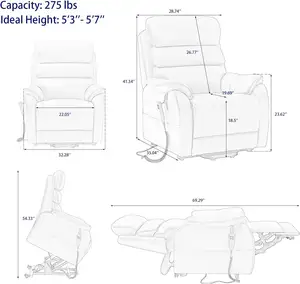 CJSmart Cadeira elevatória reclinável para pessoas baixas, sofá elevatório plano com ajuste de posição infinito e bolso lateral