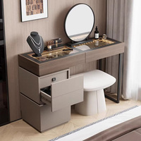Coiffeuse moderne en bois avec tiroirs, miroir rond et tabouret – Ensemble de meubles minimalistes pour chambre à coucher