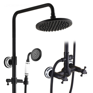 Ensemble <span class=keywords><strong>de</strong></span> <span class=keywords><strong>douche</strong></span> européen noir en laiton à double poignée avec pommeau <span class=keywords><strong>de</strong></span> <span class=keywords><strong>douche</strong></span> à pression contrôlée, <span class=keywords><strong>barre</strong></span> coulissante, vanne en céramique polie et jet doux pour appartement - Product Image 1
