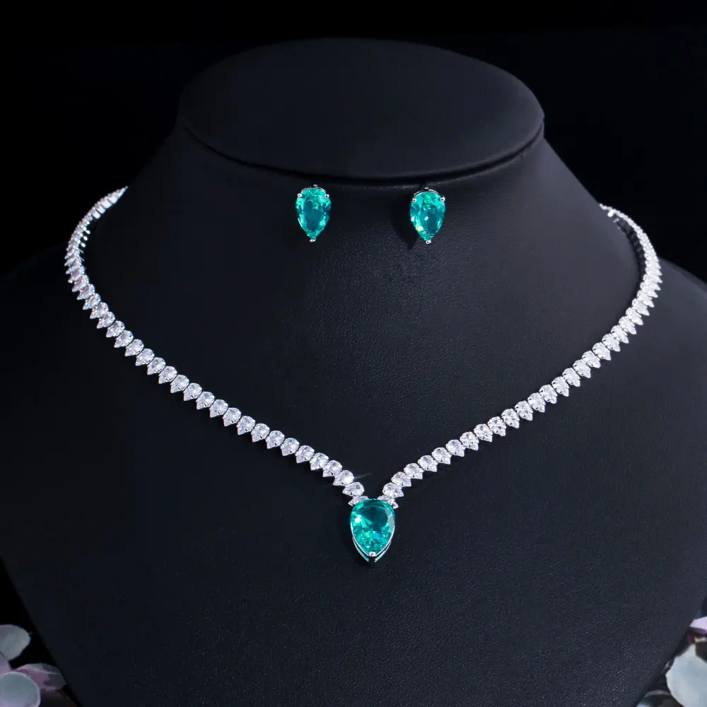 Elegant Big Light Green Water Drop CZ Crystal Necklace and Earrings Women Engagement Party Costume Jewelry Sets