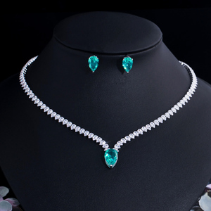 Ensemble de bijoux élégant pour <span class=keywords><strong>femme</strong></span>, collier et boucles d'oreilles en cristal CZ vert clair en forme de goutte d'eau, pour fiançailles, fête ou costume - Product Image 1