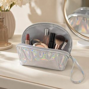 Custom Logo Iridescent PU Cosmetic Bag <b>Compact</b> <b>Makeup</b> Organizer with Wrist Strap Double Zip OEM ODM Wholesale Factory - Product Image 4