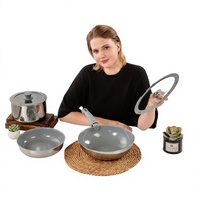 Ensemble de 7 ustensiles de cuisine en céramique avec revêtement antiadhésif, comprenant une casserole de 20 cm, un wok de 28 cm, une poêle de 24 cm, une spatule avec manche amovible