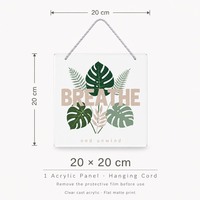 Plaque murale carrée en acrylique, art botanique BREATHE, panneau suspendu transparent de 20 cm avec cordon décoratif