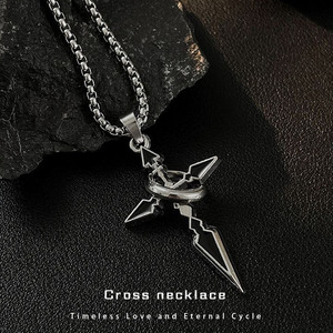 티타늄 스틸 회전식 네 갈래 스피어 링 펜던트 목걸이, 남성용 펑크 힙합 주얼리 - Product Image 1
