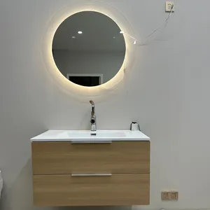 Madera contrachapada de gabinete de baño de alta calidad con tocador montado en la pared de lavabo de encimera de Corian individual