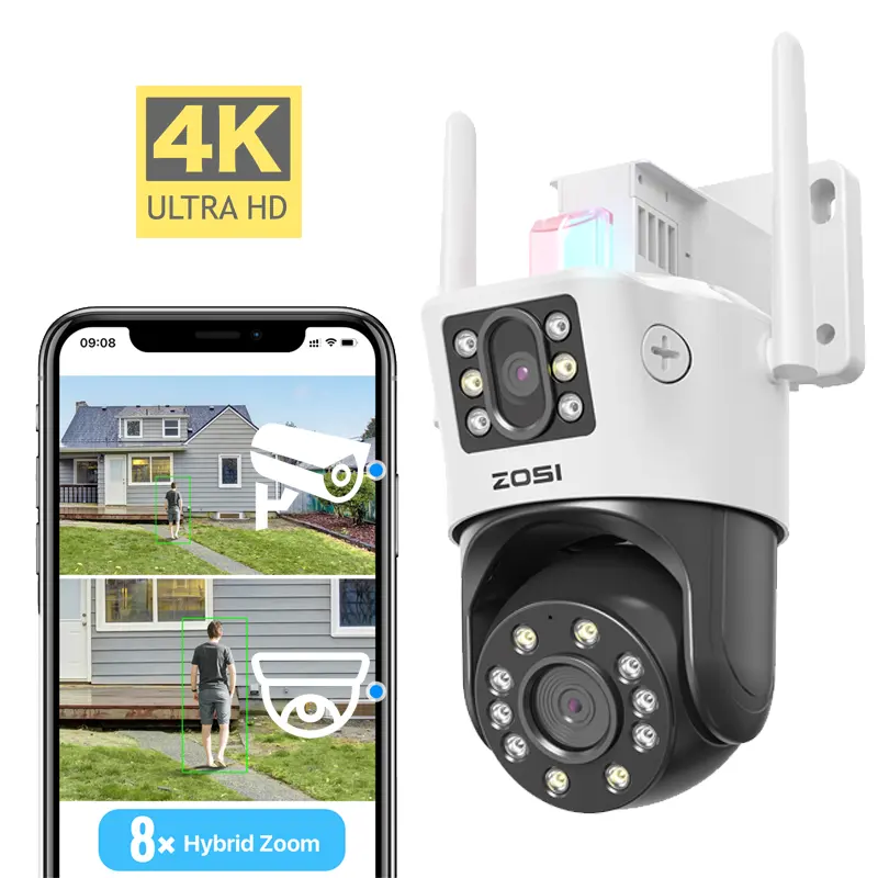 Kamera CCTV 4K 10x zoom nirkabel, kamera keamanan penglihatan malam Audio alarm jaringan luar ruangan tahan air Wifi PTZ