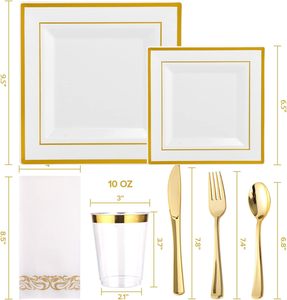 Juego de Vajilla Dorada de 175 Piezas para 25 Personas, Platos Cuadrados de Plástico con Borde Dorado, Desechables, Resistentes, con Vasos, Servilletas y Cubiertos - Product Image 3
