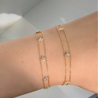 S925 Sterling Silber Armband 18K Vergoldet Doppelschichtig Vierblättriges Kleeblatt Zirkon Kette Schmuck für Frauen