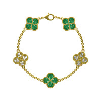 Ensemble de bijoux pour filles haut de gamme en or 18 carats avec bracelet et boucles d'oreilles pendantes en malachite verte Van Cleef, vente en gros.