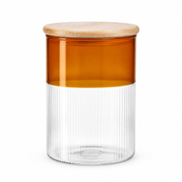 Pot de rangement en verre à double tonalité avec nervures verticales et couvercle en bois, récipient décoratif en verre pour le stockage alimentaire en cuisine, ambre et fumé