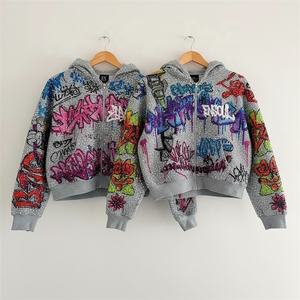 ES üretici özel Streetwear boy ağır Distressing DTG yıkanmış Rhinestone % 100% pamuk Zip-Up Boxy erkek Hoodie - Product Image 1